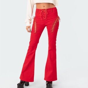Edikted Red Lace-Up Flare Jeans